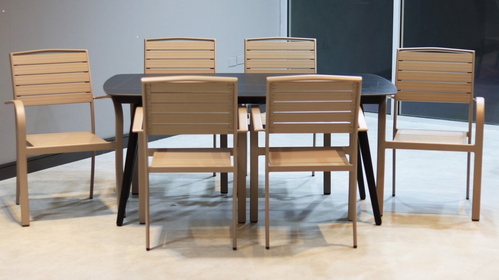 OUTDOOR MARBLE AFFECT TABLE BLK & 6 NATURAL BEIGE CHAIRS