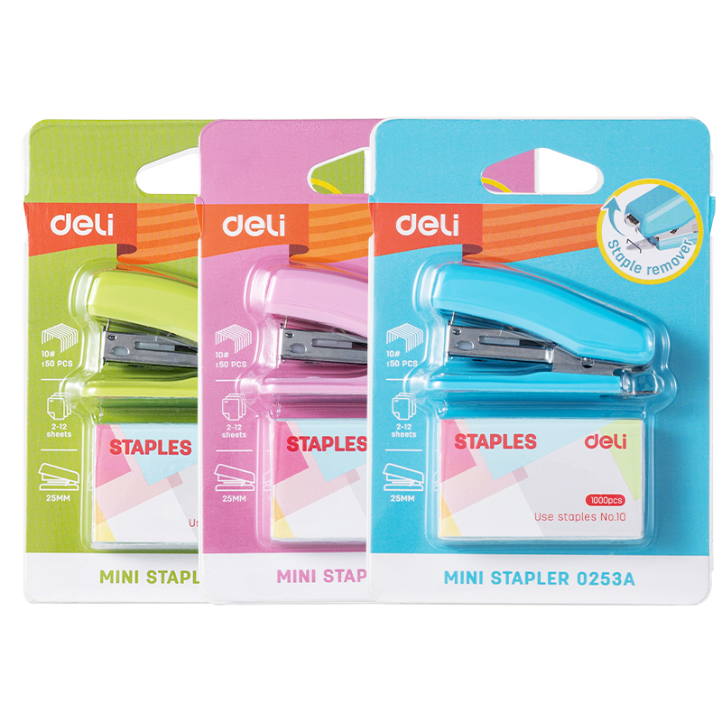STAPLER MINI 12 SHEETS BLUE/GREEN/PINK