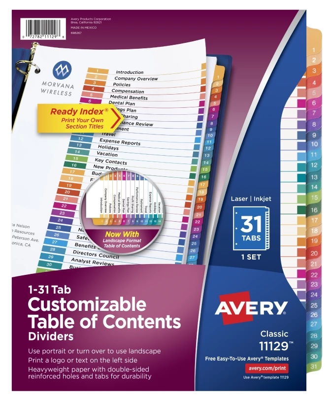 DIVIDERS 1-31 AVERY 11129
