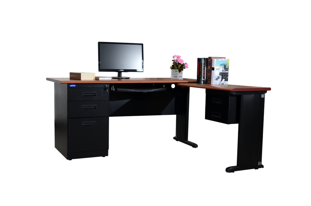 METAL L-SHAPED DESK W 2 SETS OF DRAWS BLACK OAK TOP