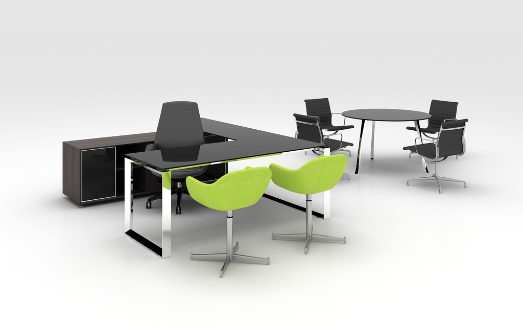 EXECUTIVE GLASS L-SHAPED DESK BLACK AND CHROME