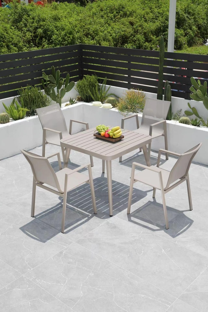***OUTDOOR SQUARE TABLE AND FOUR MESH CHAIRS- BEIGE