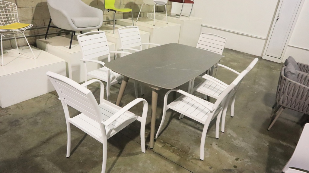 ***OUTDOOR GREY MARBLE AFFECT TABLE & SIX WHITE CHAIRS