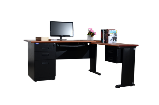 [FURSD167] METAL L-SHAPED DESK W 2 SETS OF DRAWS BLACK OAK TOP