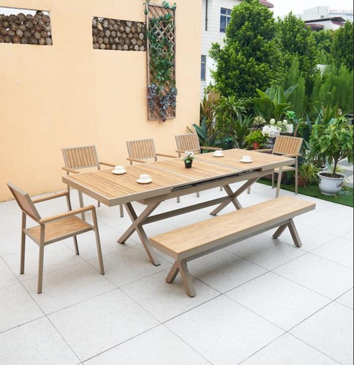 [FUYLN101SET2] OUTDOOR WOODEN TABLE, 5 CHAIRS AND 1 BENCH