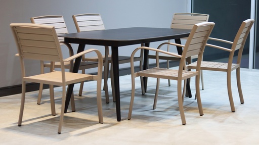 [FUYLN101SET3] OUTDOOR MARBLE AFFECT TABLE BLK & 6 NATURAL BEIGE CHAIRS