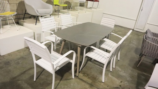 [FUYLN101SET5] ***OUTDOOR GREY MARBLE AFFECT TABLE & SIX WHITE CHAIRS